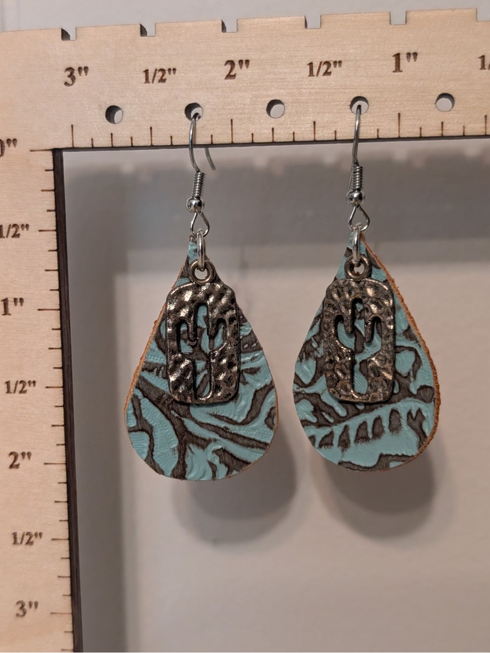 Teardrop Turquoise Leather Earrings with Cactus Accent Handmade